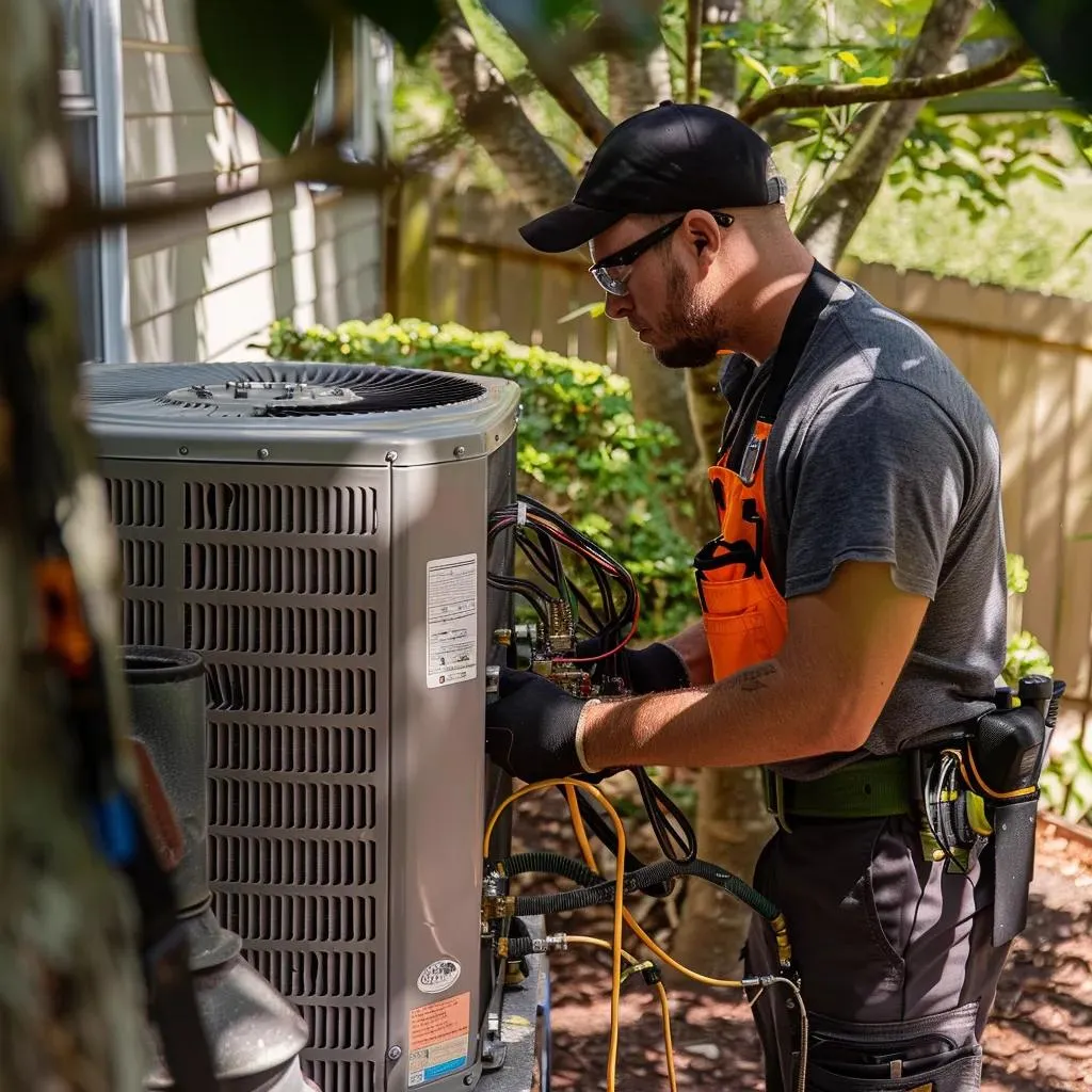 Technician performing air conditioning repair on outdoor unit in Flower Mound, Texas, showcasing expertise in HVAC maintenance and service.