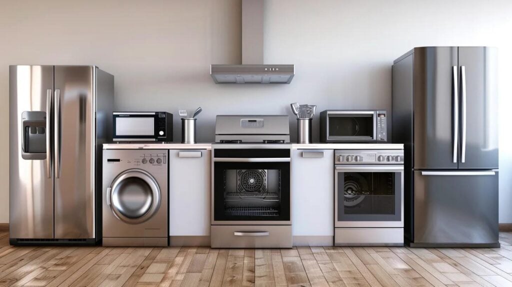 Modern kitchen appliances including a stainless steel refrigerator, microwave, washing machine, dishwasher, oven, and stove, showcasing reliable options for homeowners in Arlington, VA.