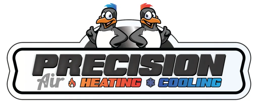 Precision Air Heating and Cooling logo featuring two cartoon penguins with thumbs up, representing HVAC services in West Chester, PA.