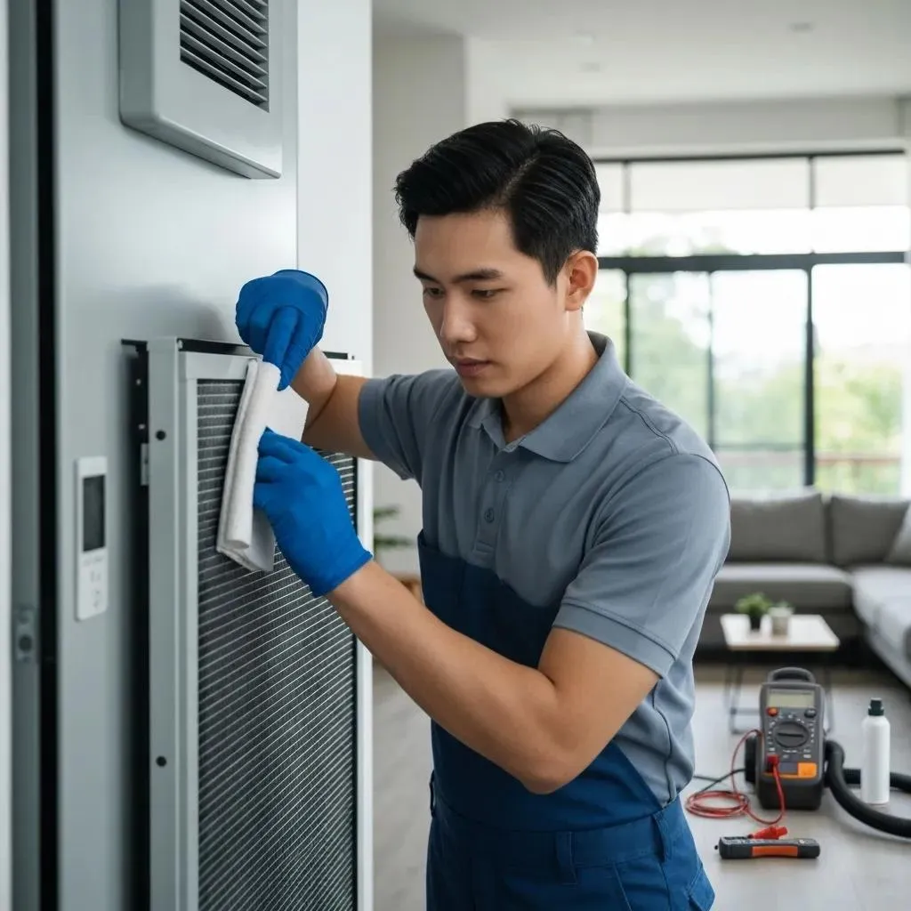 HVAC technician cleaning air conditioner filter. Air conditioning maintenance helps improve air quality. West Chester, PA HVAC service.