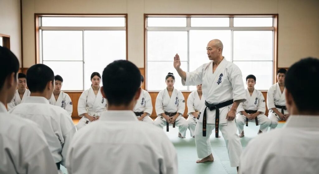 a teacher teaching karate to students