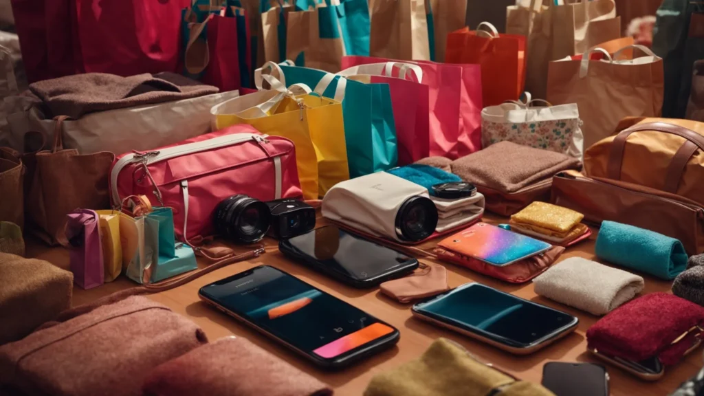 a smartphone displaying an array of colorful products on its screen, surrounded by shopping bags.