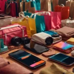 a smartphone displaying an array of colorful products on its screen, surrounded by shopping bags.