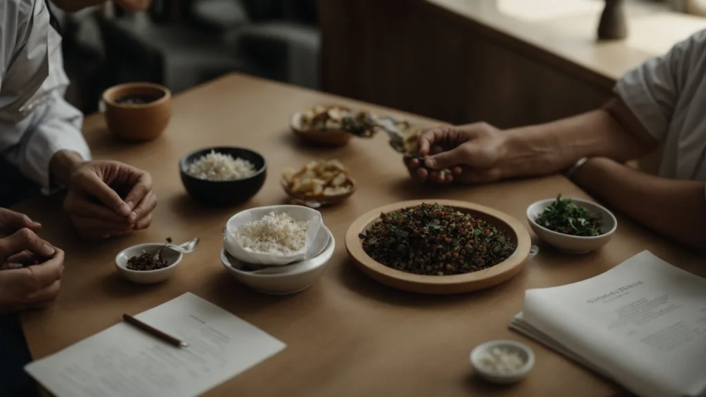 a traditional doctor and an alternative medicine practitioner sit at a table, discussing a patient's care plan together.