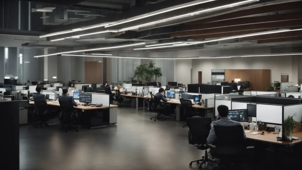 a widescreen view of a modern office filled with bustling professionals working at their sleek computers.