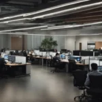 a widescreen view of a modern office filled with bustling professionals working at their sleek computers.