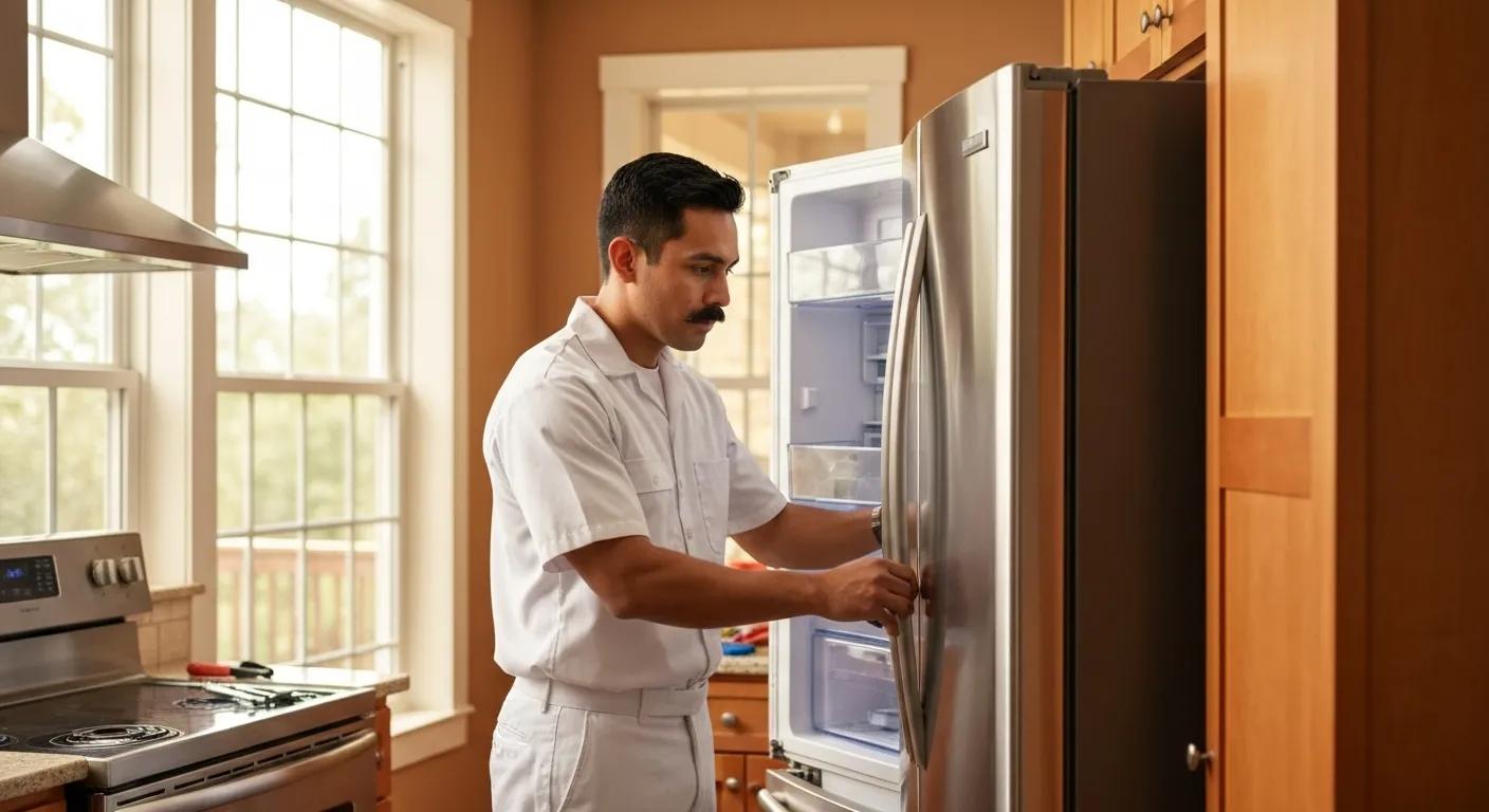 Technician expertly repairing a refrigerator in a comfortable Bethesda kitchen, showcasing our home appliance repair services