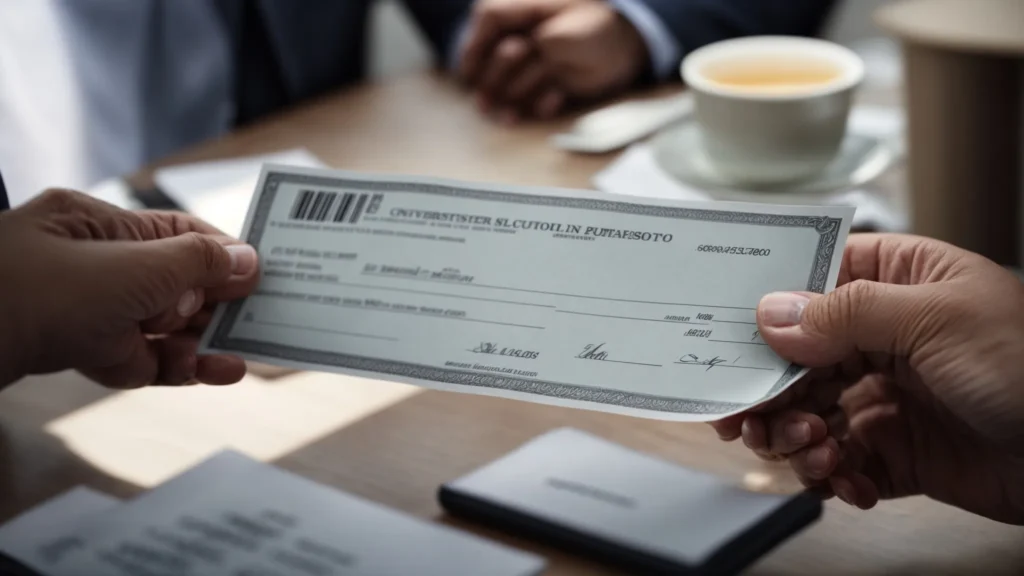 a close-up view of a professional businessman handing over a secure, detailed cheque to a business partner during a meeting.