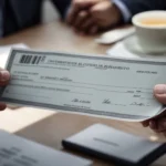 a close-up view of a professional businessman handing over a secure, detailed cheque to a business partner during a meeting.