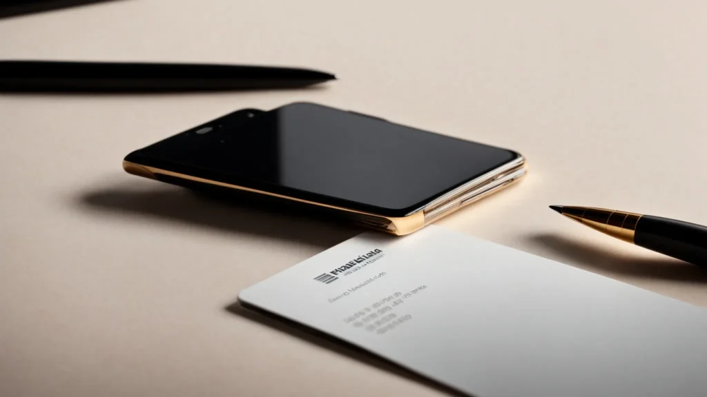 a stack of sleek, new business cards sits on a minimalist desk alongside a modern, matte black pen and a smartphone.