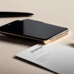 a stack of sleek, new business cards sits on a minimalist desk alongside a modern, matte black pen and a smartphone.