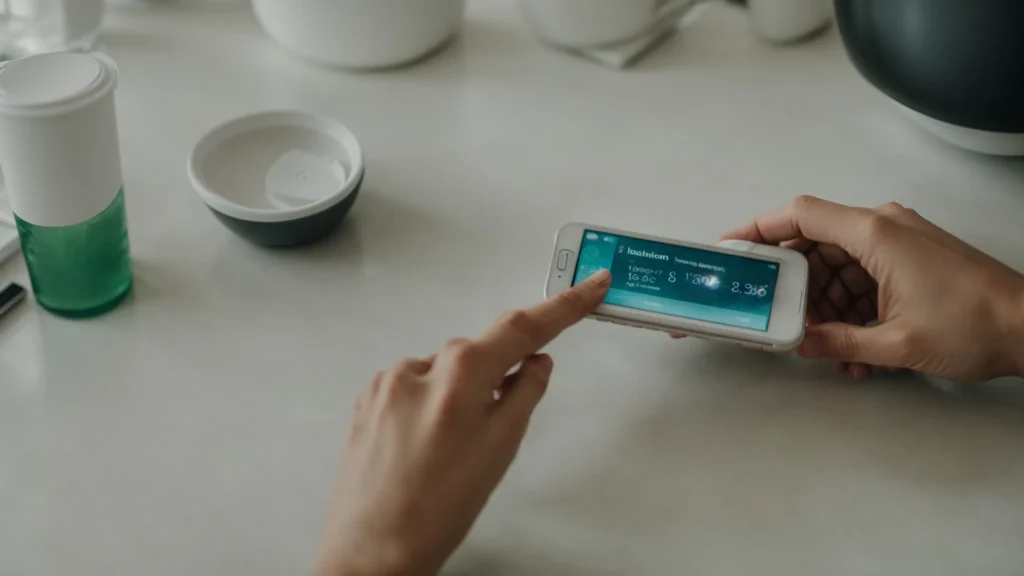 a person placing a small, portable blood testing device on a kitchen counter next to a smartphone app displaying health statistics.