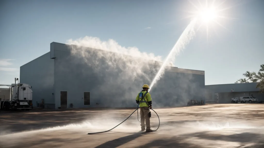 a worker in protective gear uses a pressure washer on a commercial building's exterior under the bright florida sun.