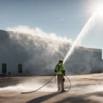 a worker in protective gear uses a pressure washer on a commercial building's exterior under the bright florida sun.