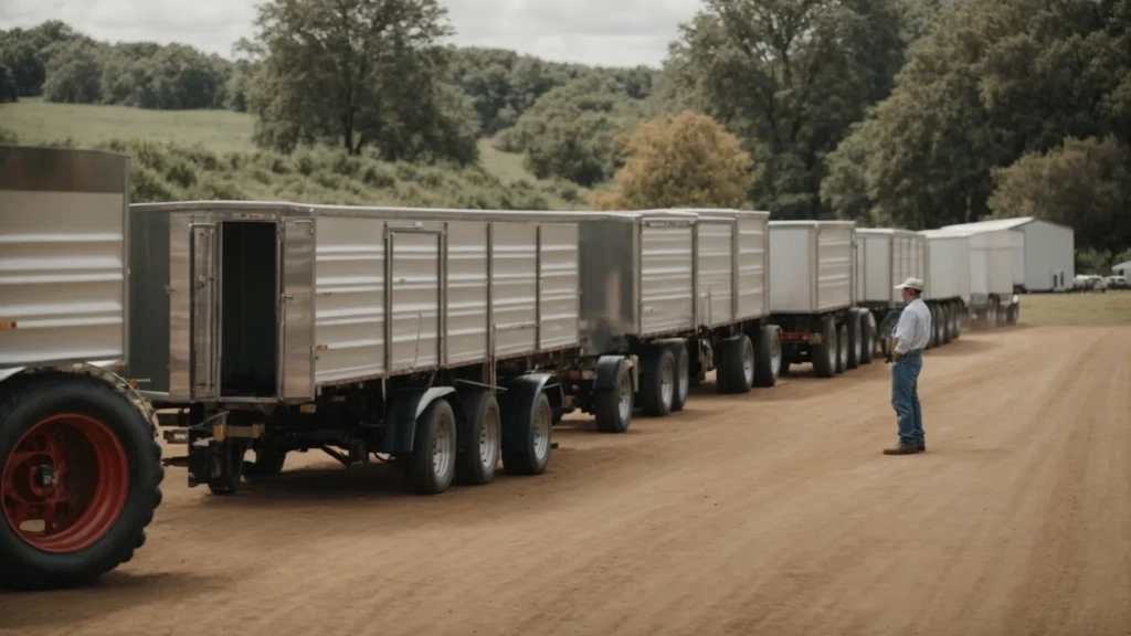 a farmer inspects a row of sturdy, open livestock trailers parked on a farm.