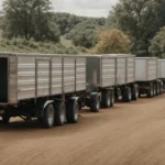 a farmer inspects a row of sturdy, open livestock trailers parked on a farm.
