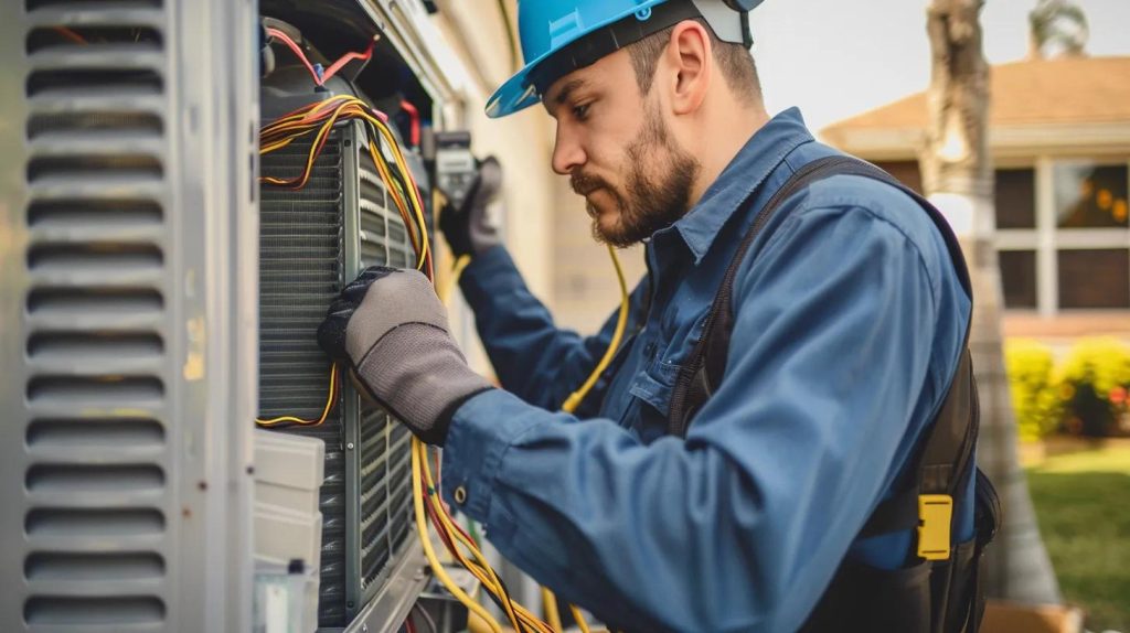 HVAC technician performing routine maintenance on an air conditioning unit at a home