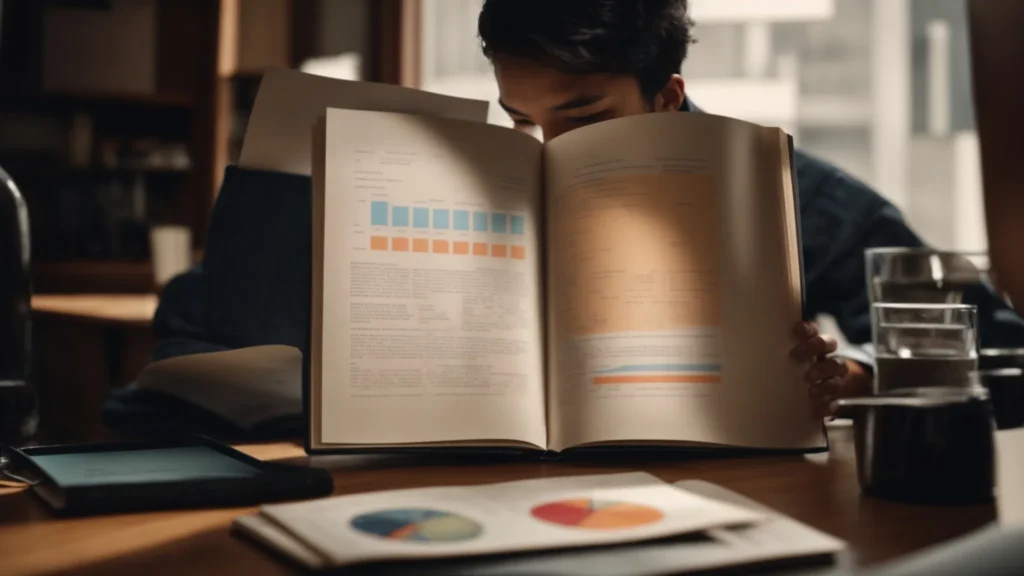 a person reading a thick, unmarked book at a desk with a computer displaying pie charts and graphs.