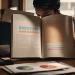 a person reading a thick, unmarked book at a desk with a computer displaying pie charts and graphs.