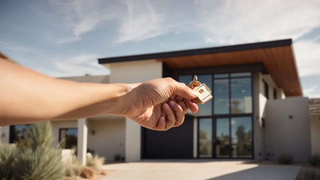 a real estate agent hands over the keys to a new homeowner in front of a modern house under the sunny phoenix sky.