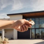 a real estate agent hands over the keys to a new homeowner in front of a modern house under the sunny phoenix sky.