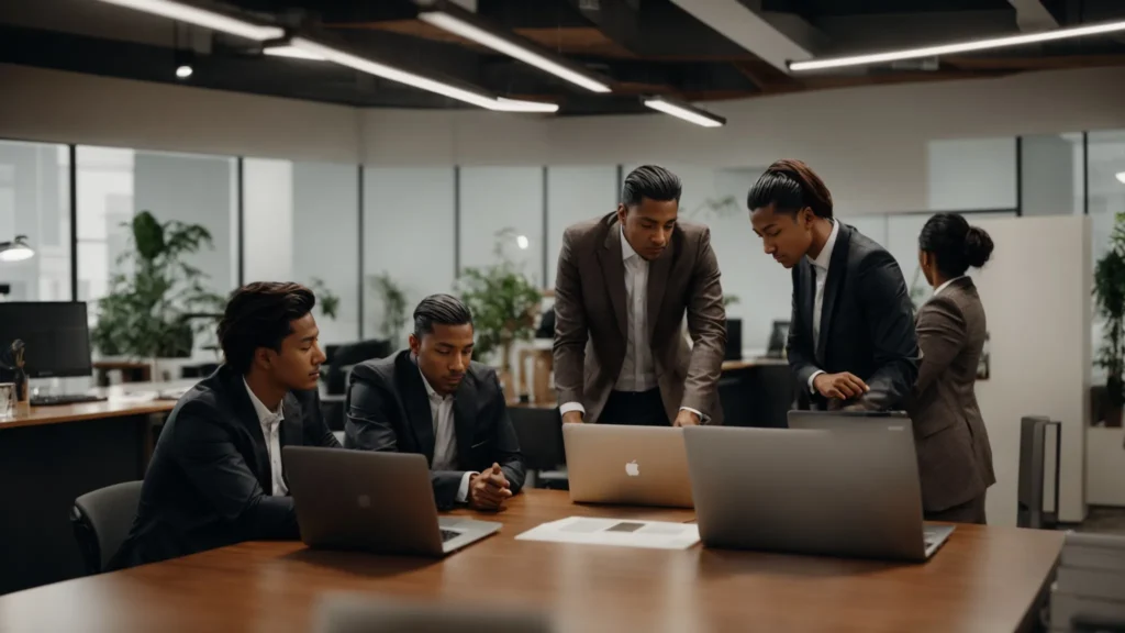 a team discussing strategies over a laptop in a modern office.