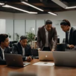 a team discussing strategies over a laptop in a modern office.