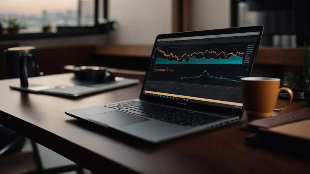 a laptop open on a desk with charts on the screen and a cup of coffee beside it.