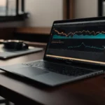 a laptop open on a desk with charts on the screen and a cup of coffee beside it.