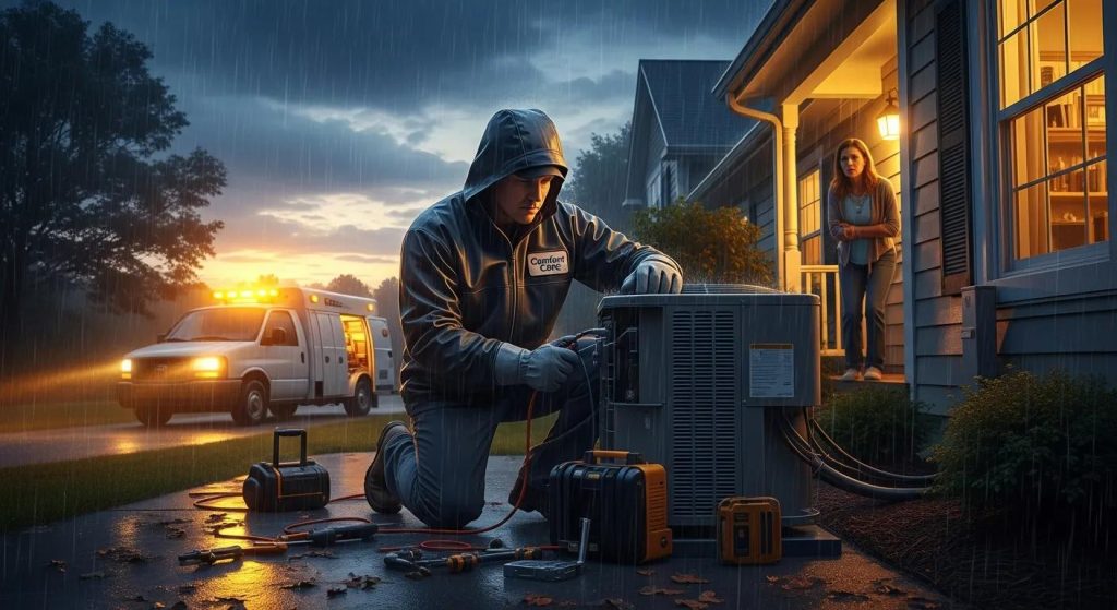 Emergency AC technician responding to a service call — quick action to protect home and health
