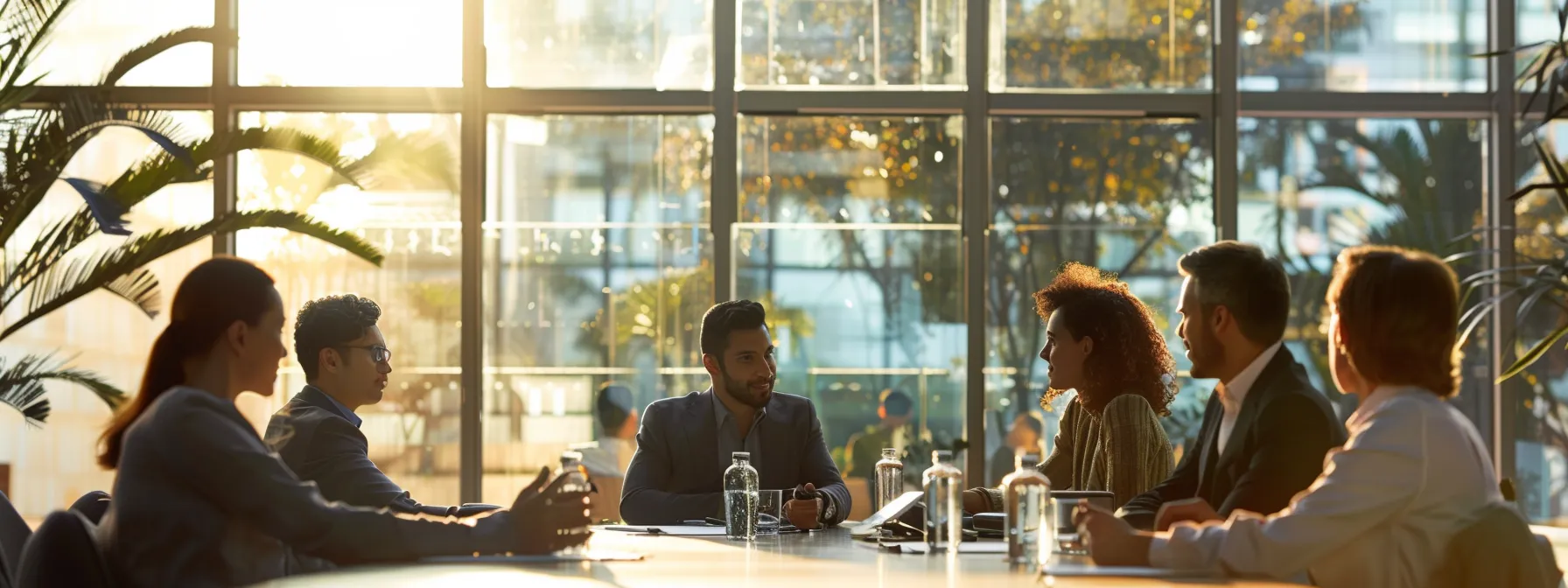 business professionals engage in a focused discussion around a table, emphasizing strategies for enhancing online conversions.